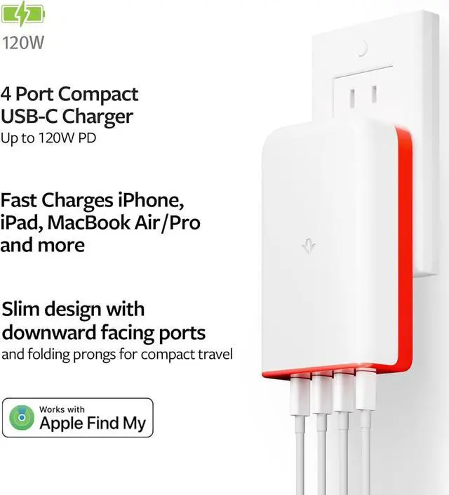Alt view image 2 of 6 - PlugBug 120W USB-C Charger Block 4-Port Fast Charging Block Hub for iPhone iPad MacBook & More with Apple Find My Integration and Folding Prongs for Travel USB Type C Fast Charger