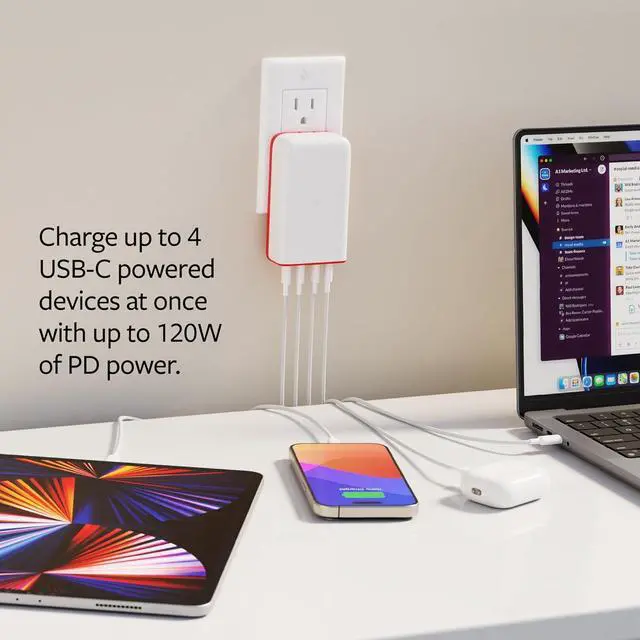 Alt view image 4 of 6 - PlugBug 120W USB-C Charger Block 4-Port Fast Charging Block Hub for iPhone iPad MacBook & More with Apple Find My Integration and Folding Prongs for Travel USB Type C Fast Charger
