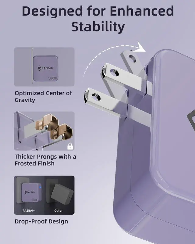Alt view image 5 of 7 - 100W USB C Charger GaN Foldable Compact Wall Fast Charger for MacBook Pro MacBook Air  XPS iPhone 16 15 Series  Galaxy iPad Pro and All USB-C Devices 6.6ft Type C Cable