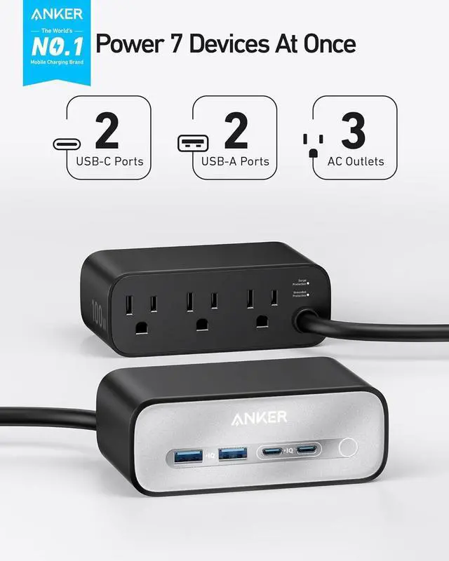 Alt view image 2 of 6 - Nano Charging Station(100W Max) 7-in-1 USB C Power Strip for iPhone 16/15/14 and MacBook Air/Pro 5ft Thin Cord 3AC 2USB A 2USB C Power Delivery Desktop Accessory for Home&Office(Black)