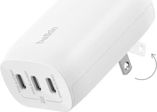 Main image of Belkin 3-Port USB C Charger Block 67W - PPS, USB-C PD 3.1 Enabled Fast Charging Charger for iPhone 16, MacBook Pro, AirPods, Galaxy, Nintendo Switch 2 & Other PD Enabled Devices - White