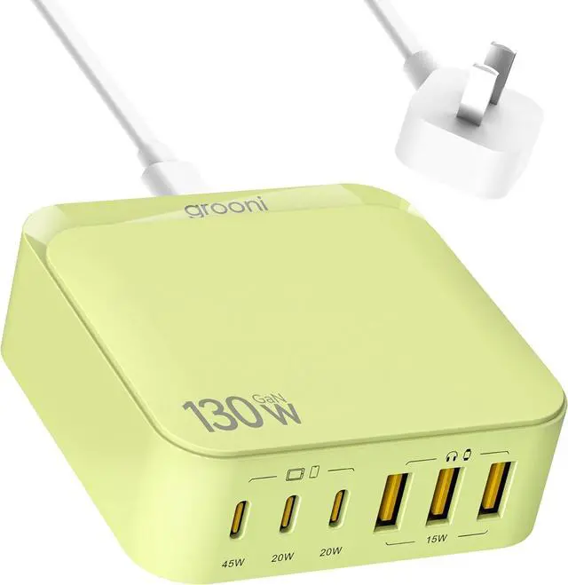 Main image of USB C Charger Block, 6 Ports Fast Wall Charger, 130W GaN III Charging Station with PD 45W, Dual PD 20W, 3 USB-A, 3 USB-C, QC, PPS, 6ft Cord, Compatible with iPhone, Galaxy, Pixel, MacBook air Green