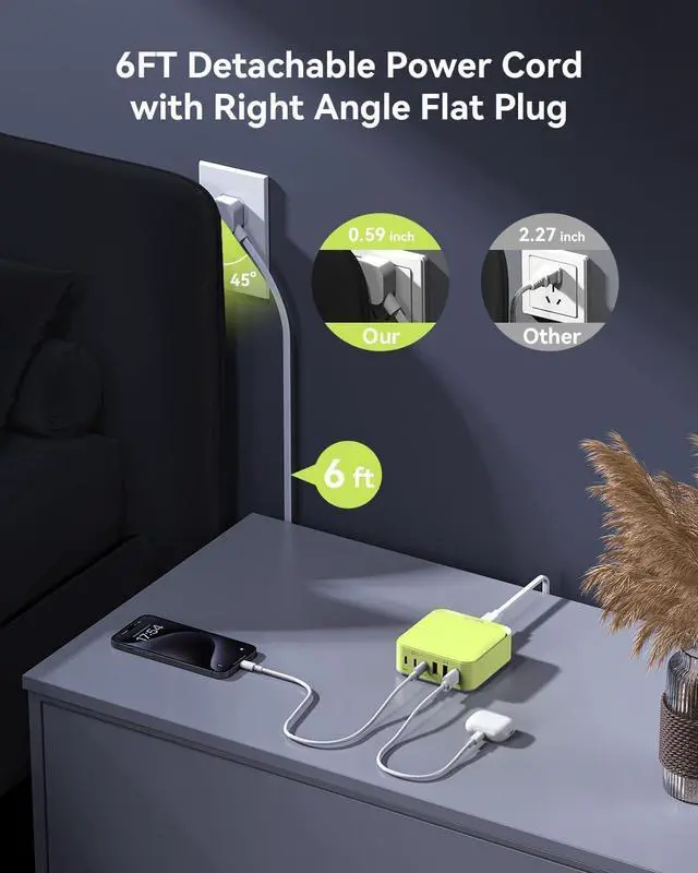 Alt view image 4 of 7 - USB C Charger Block, 6 Ports Fast Wall Charger, 130W GaN III Charging Station with PD 45W, Dual PD 20W, 3 USB-A, 3 USB-C, QC, PPS, 6ft Cord, Compatible with iPhone, Galaxy, Pixel, MacBook air Green