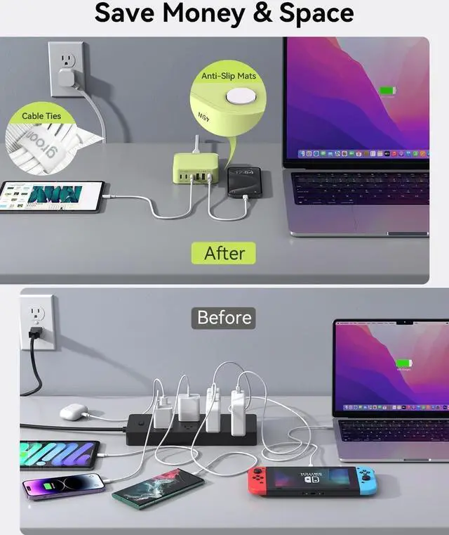Alt view image 6 of 7 - USB C Charger Block, 6 Ports Fast Wall Charger, 130W GaN III Charging Station with PD 45W, Dual PD 20W, 3 USB-A, 3 USB-C, QC, PPS, 6ft Cord, Compatible with iPhone, Galaxy, Pixel, MacBook air Green