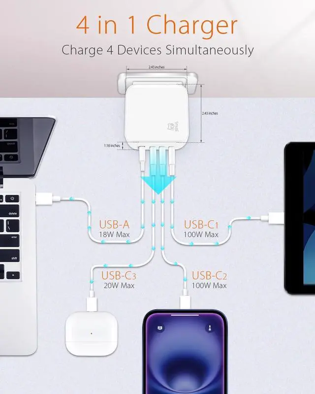 Alt view image 4 of 7 - 100W USB C GaN Wall Charger for Smart Phone 16/16 Plus /16 Pro/16 Pro Max Plug Foldable 4-Port PD USB-C Charger with Traveller Adapters use for Tablet Mac Book Laptops etc.