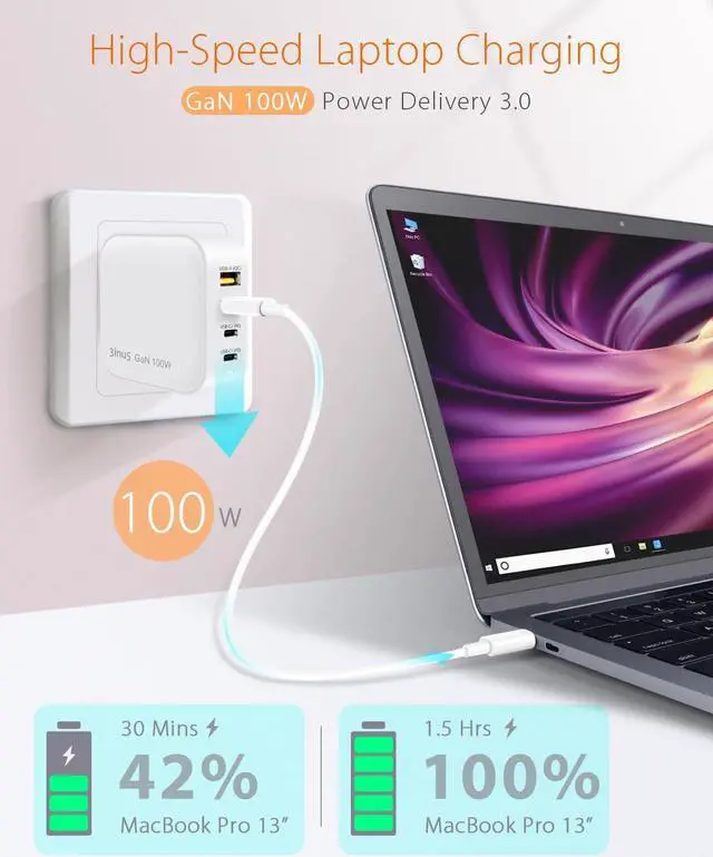 Alt view image 2 of 7 - 100W USB C GaN Wall Charger for Smart Phone 16/16 Plus /16 Pro/16 Pro Max Plug Foldable 4-Port PD USB-C Charger with Traveller Adapters use for Tablet Mac Book Laptops etc.