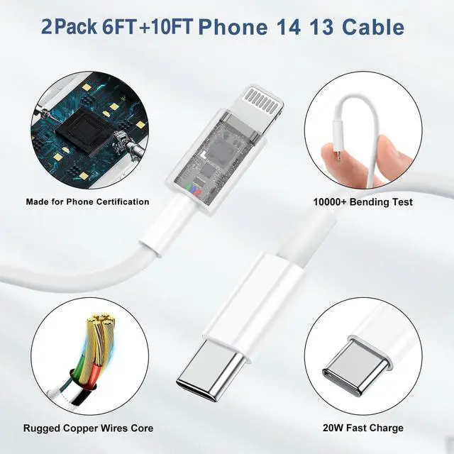 Alt view image 4 of 7 - Fast Charger for iPhone 14 13 12 Charge Fast Charging 2Pack 6FT+10FT USB C to L Cable with 20W USB C for i Phone Charger Block Compatible with iPhone 14 13 12 Pro/14 Plus/13 Pro Max - White