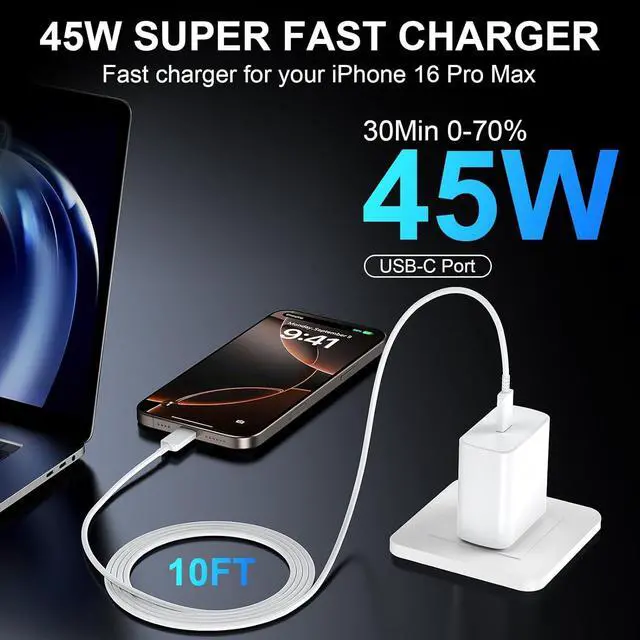 Alt view image 4 of 7 - iPhone 16 Pro Max Charger Fast Charging 45W USB C iPhone 16 Super Fast Charger Block with 10ft Long Type C Charging Cable Cord for iPhone 16/16 Pro/16 Pro Max/16 Plus 15/15 Pro Max/Pro Galaxy S24