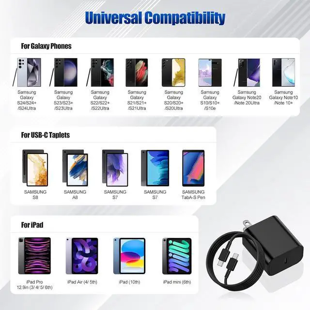 Alt view image 3 of 7 - 45W USB-C Charger for  Charger Super Fast Charging Type C Charging Block &6FT USBC Android Phone Cable Cord 2Pack for Galaxy S25 Ultra/S25 S24 S23 S22 S21 S20 S10 Ultra/Plus Galaxy Tab S9 S8
