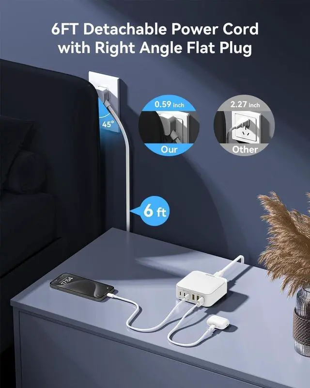 Alt view image 4 of 7 - USB C Charger Block, 130W 6 Ports Fast Wall Chargers, Charging Stations with PD 45W, Dual PD 20W, 3 USB A, 3 USB C, QC, PPS, 6ft Cord, Compatible with iPhone, Galaxy, Pixel, MacBook, iPad Pro