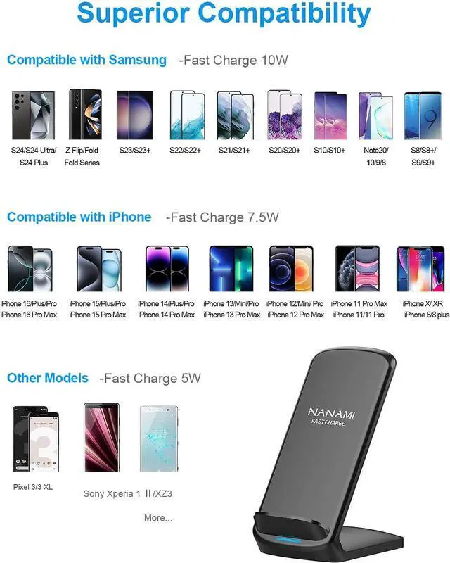 Alt view image 2 of 7 - Upgraded Fast Wireless Charger Qi-Certified Wireless Charging Stand Compatible with  Galaxy S24/S23/S22/S21/S20 & Qi Phone Charger for iPhone 16/16 Plus/16 Pro/16 Pro Max/15/14/13/12