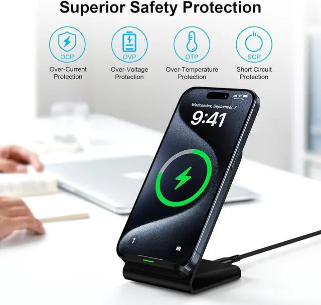 Alt view image 5 of 7 - Wireless Charger Fast Charging Stand Desk Phone Charger Stand Android Charging Station for  Galaxy S24 Ultra S24+ S24 S23 FE S22 S21 S20 S10 S9 S8 iPhone 15 Pro Max Plus 14 with Adapter