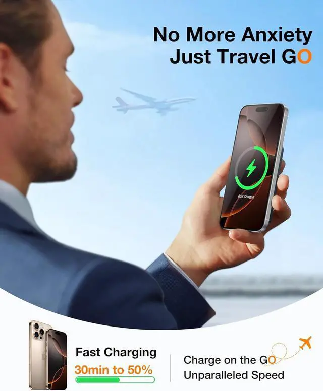 Alt view image 5 of 7 - 0.45 Slim Magnetic Portable Charger Power Bank for iPhone 5000 mAh 22.5W PD Fast Charging Wireless Battery Pack with O-Stand Compatible with Magsafe iPhone 16 Pro Max Pro 15 14 13 12- Black