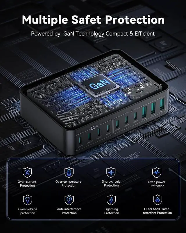 Alt view image 4 of 7 - 480W USB C Charger Block, Rocoren 10-Ports USB C Charging Station for Multiple Devices,PD 100W Type c Gan Fast Charger Station Multi USBC Charging Hub for Laptop MacBookiPad iPhone