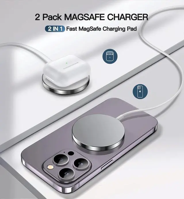 Alt view image 5 of 7 - Magnetic Wireless Charger 15W Fast Mag Safe Charger for Cell Phone 16 Pro Max/16 Pro/16 Plus/16/15/14/13/12 Series 2 Pack Charging Pad for AirPods 3/2/Pro 2/Pro Mag-Safe Original Replacement