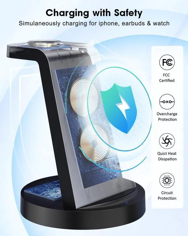 Alt view image 4 of 7 - 3 in 1 Charging Station for  Device Wireless Charger for iPhone 16e 16 15 14 13 12 11 Pro Max &  Watch iwatch- Charging Stand Dock for AirPods