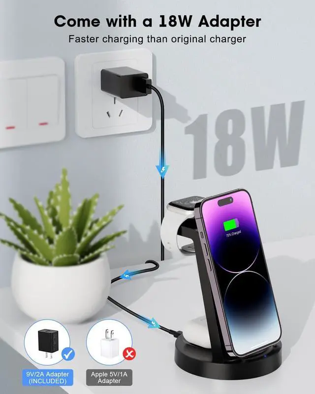 Alt view image 6 of 7 - 3 in 1 Charging Station for  Device Wireless Charger for iPhone 16e 16 15 14 13 12 11 Pro Max &  Watch iwatch- Charging Stand Dock for AirPods