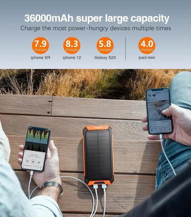 Alt view image 2 of 7 - GOODaaa Power Bank Wireless Charger 36000mAh Built in 4 Cables Six Outputs 15W Fast Charging Power Bank for All Mobile Devices Three Inputs Solar Portable Charger with Dual Flashlights, Carabiner