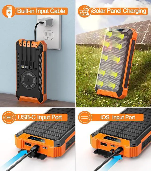 Alt view image 5 of 7 - GOODaaa Power Bank Wireless Charger 36000mAh Built in 4 Cables Six Outputs 15W Fast Charging Power Bank for All Mobile Devices Three Inputs Solar Portable Charger with Dual Flashlights, Carabiner