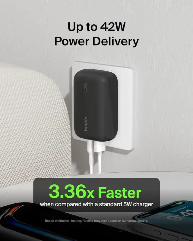 Alt view image 2 of 7 - BoostCharge 42W Dual Port Wall Charger USB-C + USB-A Charger Fast Charging for iPhone 16 16 Plus 16 Pro 16 Pro Max 15 15 Pro Max iPhone 14 Galaxy S24 Ultra iPad AirPods & More - Black