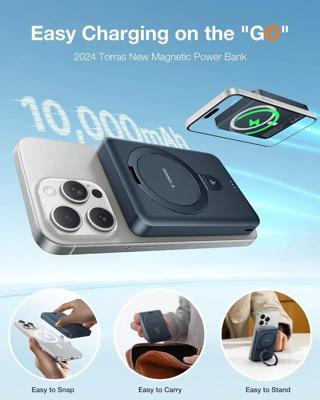 Alt view image 2 of 7 - 10000mAh Magnetic Portable Charger Power Bank for iPhone Fast Charging Travel Essential Wireless Battery Pack Slim with O-Stand Compatible with Magsafe 16 Pro Max Pro 15 14 13 12 - Black