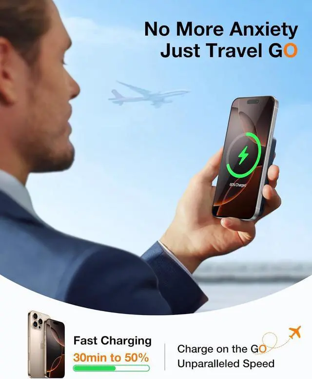 Alt view image 3 of 7 - 10000mAh Magnetic Portable Charger Power Bank for iPhone Fast Charging Travel Essential Wireless Battery Pack Slim with O-Stand Compatible with Magsafe 16 Pro Max Pro 15 14 13 12 - Black