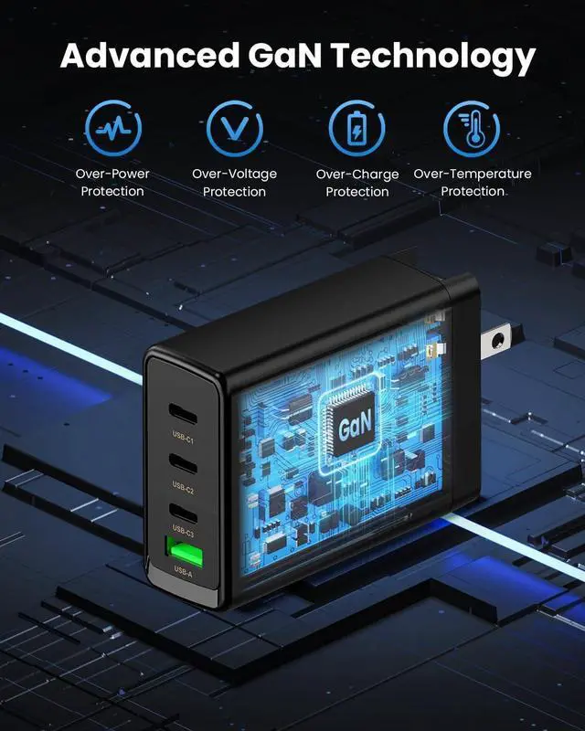 Alt view image 4 of 7 - 100W USB C Charger Block,4-Port GaN Fast Charger for MacBook Pro, MacBook Air, Google Pixelbook, ThinkPad, Dell XPS, iPad Pro, Galaxy iPhone All USB C Devices 6ft