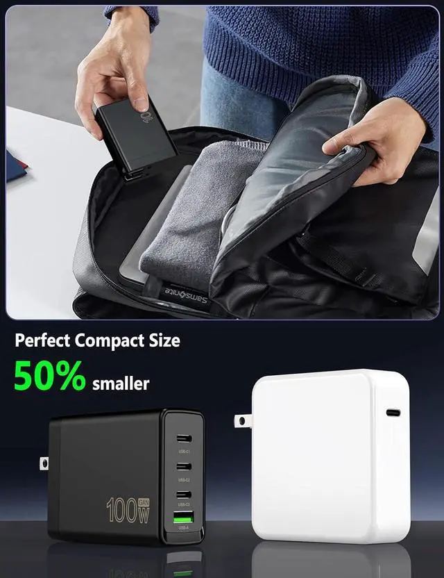 Alt view image 7 of 7 - 100W USB C Charger Block,4-Port GaN Fast Charger for MacBook Pro, MacBook Air, Google Pixelbook, ThinkPad, Dell XPS, iPad Pro, Galaxy iPhone All USB C Devices 6ft