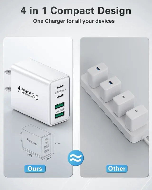 Alt view image 5 of 6 - USB C Charger Block 2Pack 40W 4-Port Type C Fast Charging Block Dual PD Power Adapter+QC Plug Double USB Wall Charger Blocks Multiple USBC Charging Cube for iPhone 16 15 14 13 12 11 Pro Max