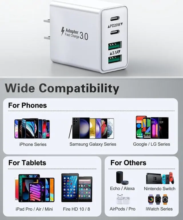 Alt view image 6 of 6 - USB C Charger Block 2Pack 40W 4-Port Type C Fast Charging Block Dual PD Power Adapter+QC Plug Double USB Wall Charger Blocks Multiple USBC Charging Cube for iPhone 16 15 14 13 12 11 Pro Max