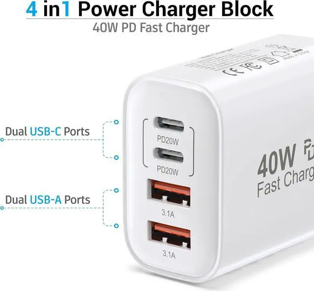 Alt view image 4 of 7 - USB C Block 40W 4 Ports Wall Plug Fast Charging Block PD+QC Multiport Power Adapter USB C Charger Type C for iPhone 16 15 14 13 12 11 Pro Max X Xr Xs 8 7 Watch Galaxy Phones (White 1Pack)