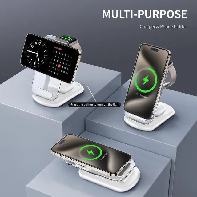 Alt view image 3 of 6 - 2025 Traveling Wireless Mag-Safe Fast Charging Station Magnetic 3 in 1 Charger with Light for iPhone 17 16 15 14 13 12 Pro Max Plus  Watch& Air pods 4 3 2 Pro-Gifts for Wife & Husband(White)