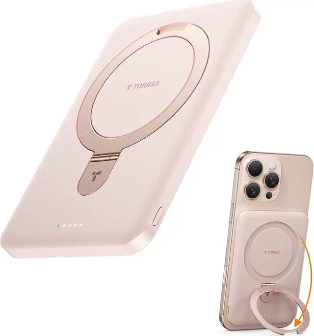 Main image of 0.45 Slim Magnetic Portable Charger Power Bank for iPhone 5000 mAh 22.5W PD Fast Charging Wireless Battery Pack O-Stand Compatible with Magsafe iPhone 16 Pro Max Pro 15 14 13 12 Rose Gold