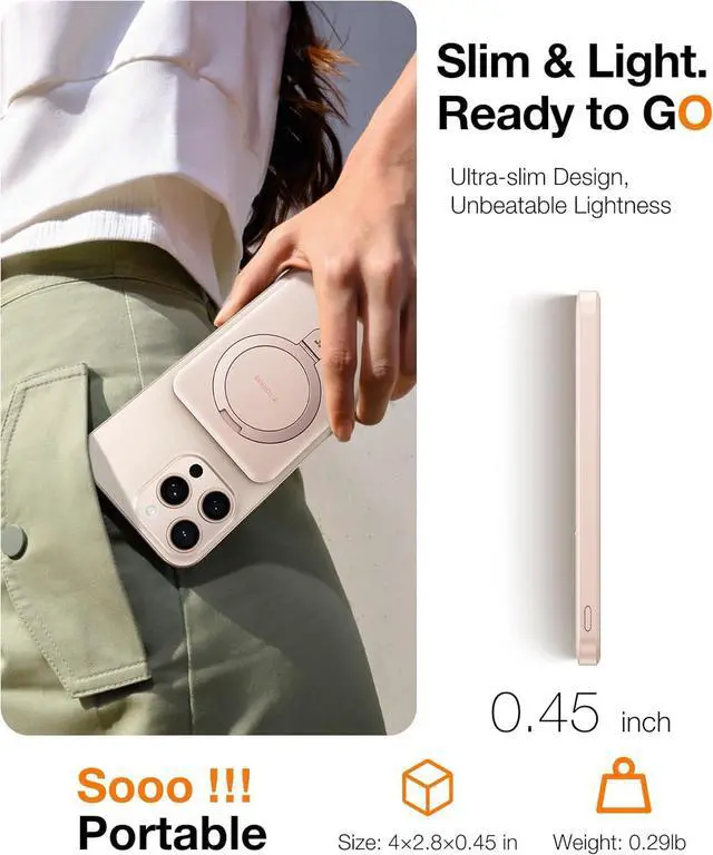 Alt view image 4 of 7 - 0.45 Slim Magnetic Portable Charger Power Bank for iPhone 5000 mAh 22.5W PD Fast Charging Wireless Battery Pack O-Stand Compatible with Magsafe iPhone 16 Pro Max Pro 15 14 13 12 Rose Gold