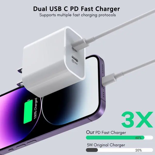 Alt view image 2 of 7 - iPhone Charger [Apple Certified] 2Pack PD Dual USB C Charger Block Fast Charging Wall Charger Plug with 10FT Long Rapid Type C - Lightning Cable Apple Charger for iPhone 14/13/12/11 Pro/XS/XR/SE iPad