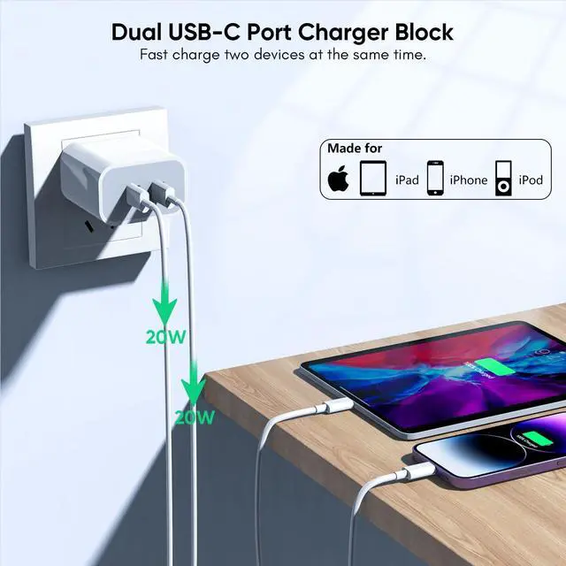 Alt view image 3 of 7 - iPhone Charger [Apple Certified] 2Pack PD Dual USB C Charger Block Fast Charging Wall Charger Plug with 10FT Long Rapid Type C - Lightning Cable Apple Charger for iPhone 14/13/12/11 Pro/XS/XR/SE iPad