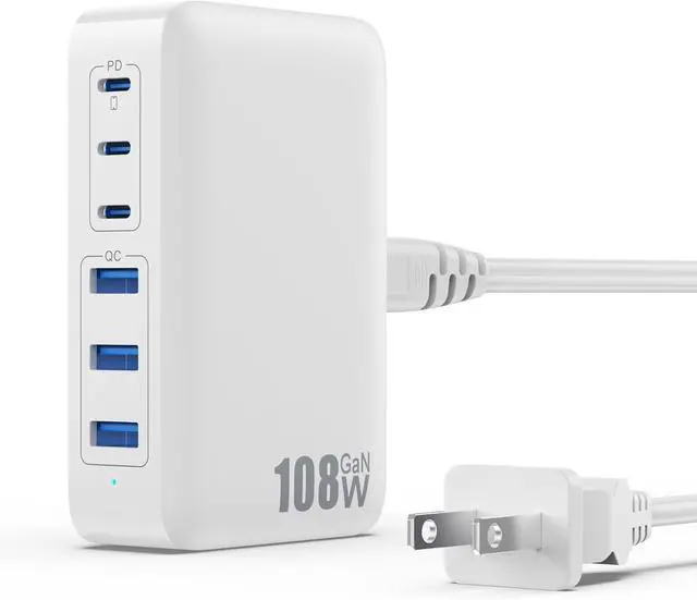 Main image of USB C Charger Block Charging Station 108W GaN III 6 Port 3xQC+3xPD Wall Charger Adapter Plug Cube Super Fast Type C Charging Hub Box for iPhone 17 16 15 14 13 Pro Max iPad  Pixel 5ft Cord-White
