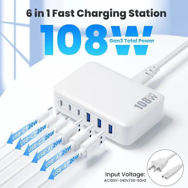 Alt view image 2 of 7 - USB C Charger Block Charging Station 108W GaN III 6 Port 3xQC+3xPD Wall Charger Adapter Plug Cube Super Fast Type C Charging Hub Box for iPhone 17 16 15 14 13 Pro Max iPad  Pixel 5ft Cord-White