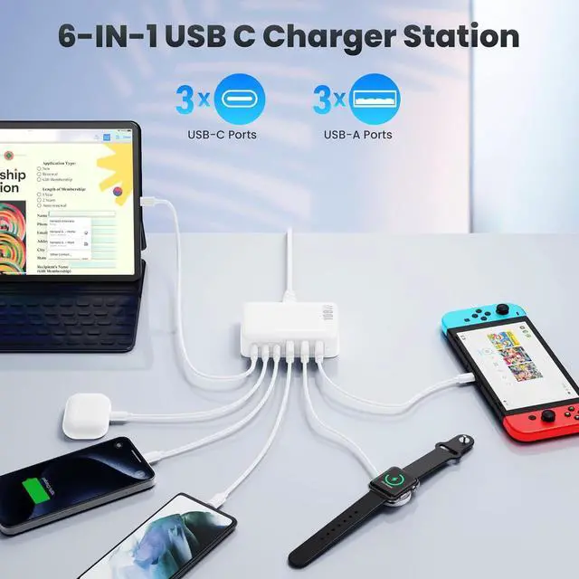 Alt view image 3 of 7 - USB C Charger Block Charging Station 108W GaN III 6 Port 3xQC+3xPD Wall Charger Adapter Plug Cube Super Fast Type C Charging Hub Box for iPhone 17 16 15 14 13 Pro Max iPad  Pixel 5ft Cord-White