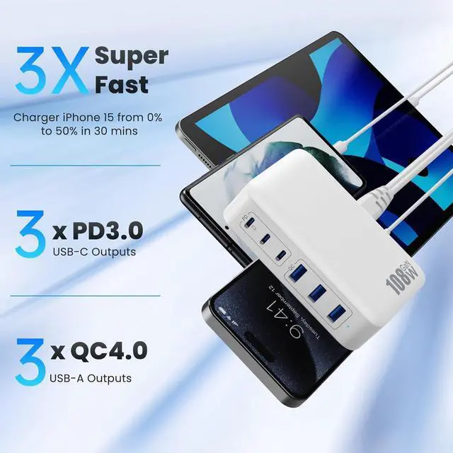 Alt view image 4 of 7 - USB C Charger Block Charging Station 108W GaN III 6 Port 3xQC+3xPD Wall Charger Adapter Plug Cube Super Fast Type C Charging Hub Box for iPhone 17 16 15 14 13 Pro Max iPad  Pixel 5ft Cord-White