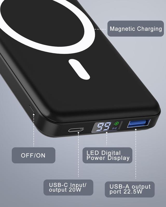 Alt view image 4 of 7 - for Magsafe Battery Pack 10000mAh Magnetic Power Bank with Type-C Cable LED Display 22.5W PD Fast Charging Wireless Portable Charger for iPhone 16/15/14/13/12 Series-Black