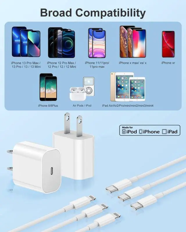 Alt view image 6 of 7 - 3Pack iPhone Charger Fast Charging 20W Fast PD USB C Wall Charger Adapter with 6Ft USB C to Lightning Cable Compatible for iPhone 14/14 Plus/14 Pro/14 Pro Max/13/ White