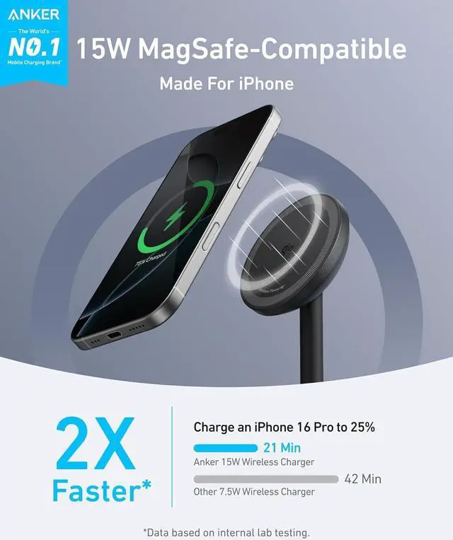 Alt view image 3 of 6 - MagGo iPhone 16 MagSafe-Compatible Wireless Charger Stand 15W Fast Magnetic Wireless Charging Station Qi2 Certified 360 Charger for iPhone 16/15/14 Series and AirPods (25W Adapter Included)