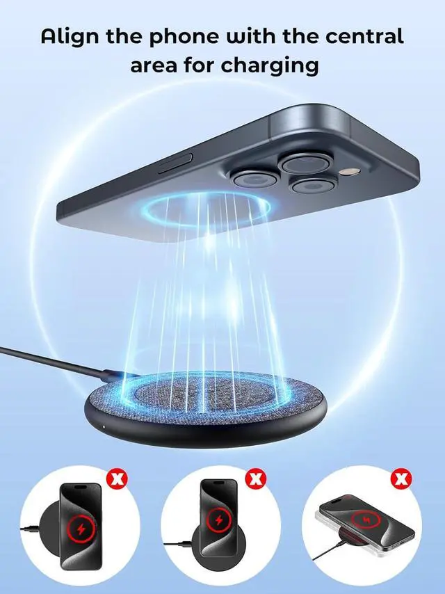 Alt view image 5 of 7 - NewQ Wireless Charger 15W Max Wireless Charging Pad for iPhone 15 14 13 12 11 X 8 Mini/SE/Pro/Max/Plus  Galaxy S23/S22/S21/S20/S10/S9/S8/S7/Note20/10/9/8 Air Pods/Pro/Galaxy Buds/+ 1 Pack