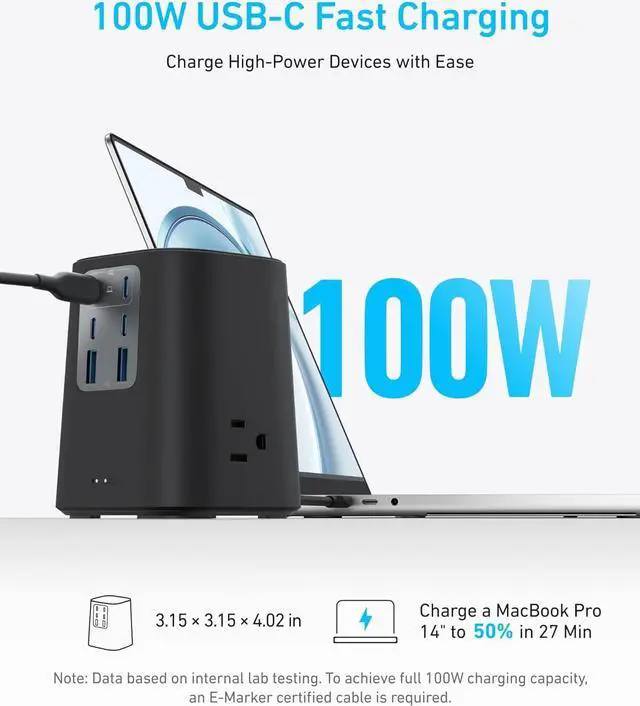 Alt view image 3 of 6 - Charging Station (100W) 9-in-1 USB C Power Strip with 300J Surge Protection for iPhone 15 and MacBook 5 ft Flat Cable and Plug 4 USB C and 2 USB A Ports 3 AC Outlets for Home Office