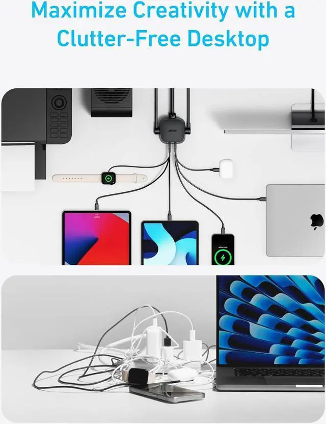 Alt view image 6 of 6 - Charging Station (100W) 9-in-1 USB-C Power Strip with 300J Surge Protection for iPhone 16 & MacBook 5 ft Flat Cable and Plug 4 USB-C and 2 USB-A Ports 3 AC Outlets for Home Office