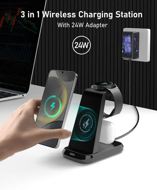 Alt view image 4 of 7 - Wireless Charger for  Phones Watch Earbuds(Not for Z Flip & A Serie-Phone) 3 in 1 Charging Station for Galaxy Watch 7/Ultra/6/5/4/3 S25 S24 S23 S22 S21 S20/Note 20 10/Z Fold 4 3 Buds/2/Pro