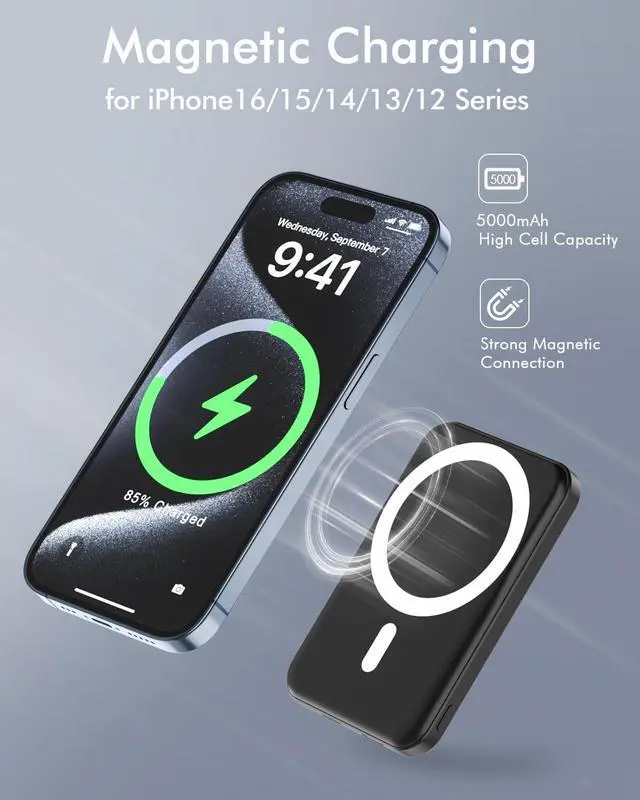 Alt view image 3 of 7 - for Magsafe Battery Pack 5000mAh Magnetic Power Bank with Type-C Cable 20W PD Fast Charging Lighting Input Wireless Portable Charger for iPhone 16/15/14/13/12/ All Series-Black