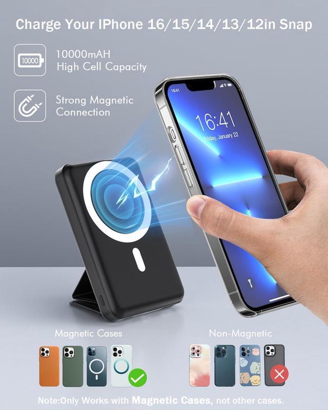 Alt view image 2 of 7 - for Magsafe Battery Pack Foldable 10000mAh Magnetic Power Bank with USB-C Cable LED Display 22.5W PD Fast Charging Wireless Portable Charger for iPhone 16/15/14/13/12 Series-Black