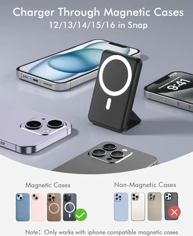 Alt view image 2 of 7 - for Magsafe Battery Pack Foldable 10000mAh Wireless Portable Charger with USB-C Cable LED Display 22.5W PD Fast Charging Magnetic Power Bank for iPhone 16/15/14/13/12 All Series-Black